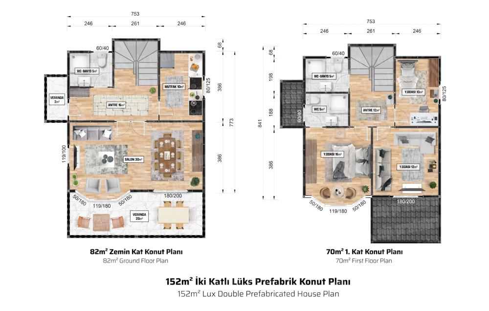 152m² Çift Katlı Lüks Prefabrik Ev